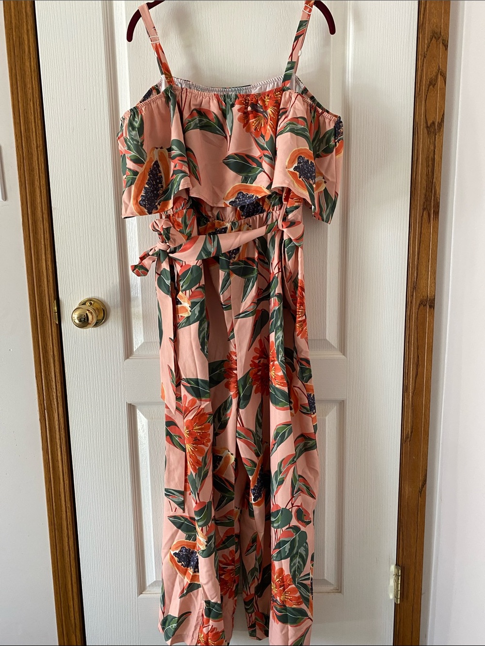 Pink Tropical Floral off-shoulder ruffle jumpsuit